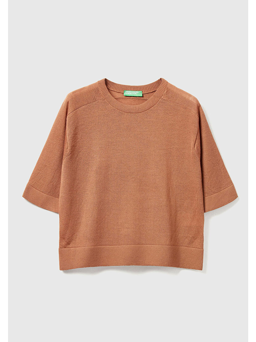 Kahverengi Kadın Taba  %100 Yün Bisiklet Yaka Kısa Kollu Kazak-1