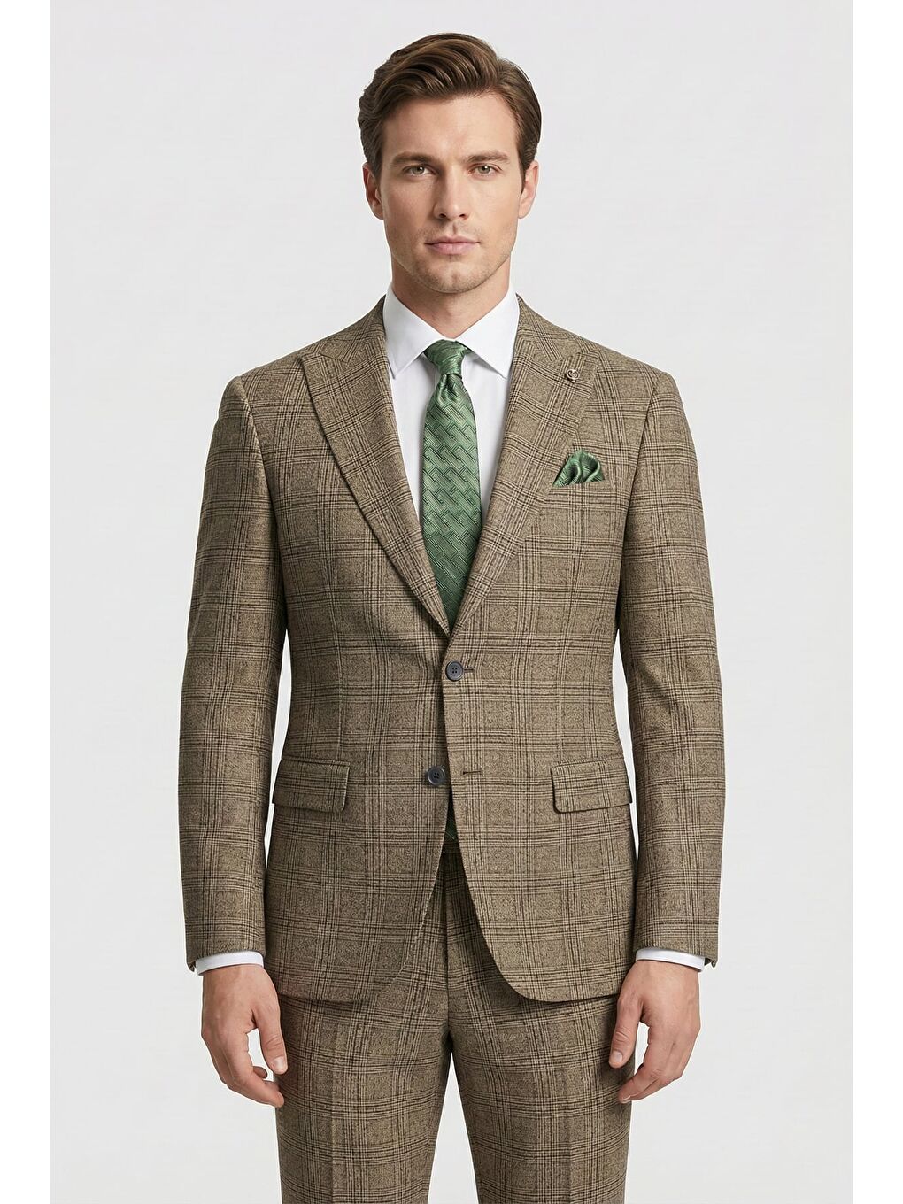 Kahverengi Giotelli Camel Comfort Fit Ekose Mono Yaka Lastikli Bel 6 Drop Duble Paça Erkek Takım Elbise