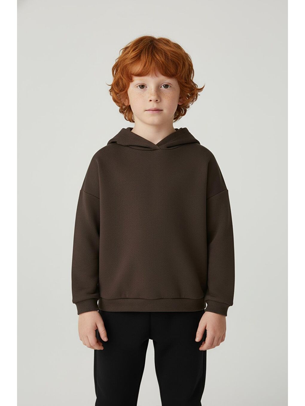 Unisex Çocuk Basic Pamuklu Kapüşonlu Sweatshirt - Kahverengi