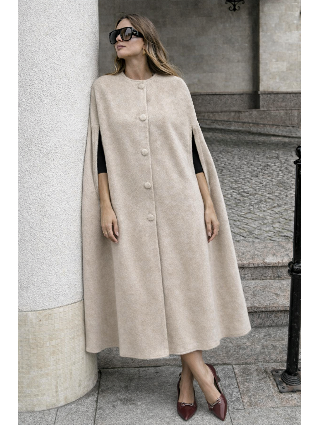 Ekru Kadın Kolsuz Relax Fit Krem Kaşe Panço-5