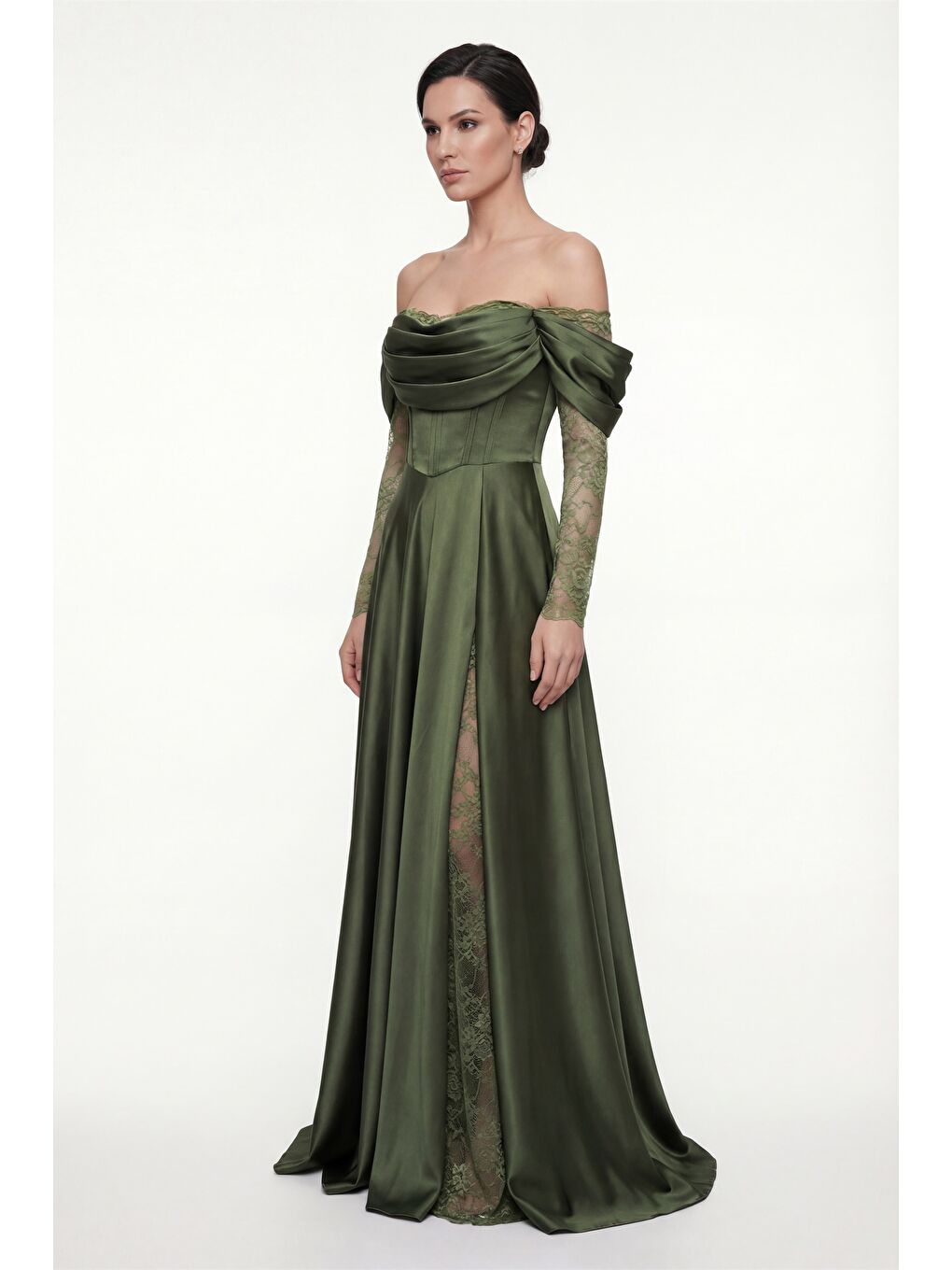 Kadın Haki Dar Kalıp Dantel Detaylı Uzun Saten Abiye Elbise-1