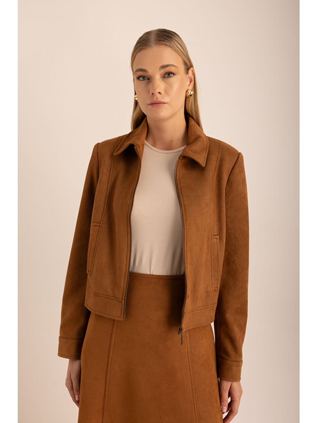 Kahverengi Fermuarlı Süet Kutu Ceket-3
