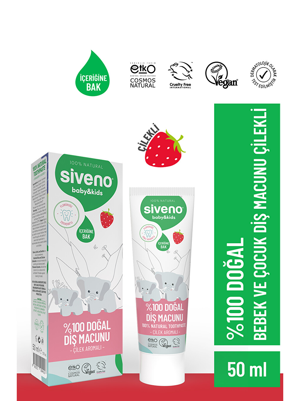 %100 Doğal Diş Macunu Bebek ve Çocuk İçin Çilekli Aromalı Florürsüz 50 ml