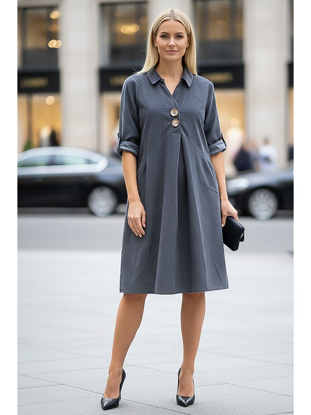 Gri Gömlek Yaka Düğmeli Uzun Kollu Cepli Casual Kadife Dokuma Elbise 105 55
