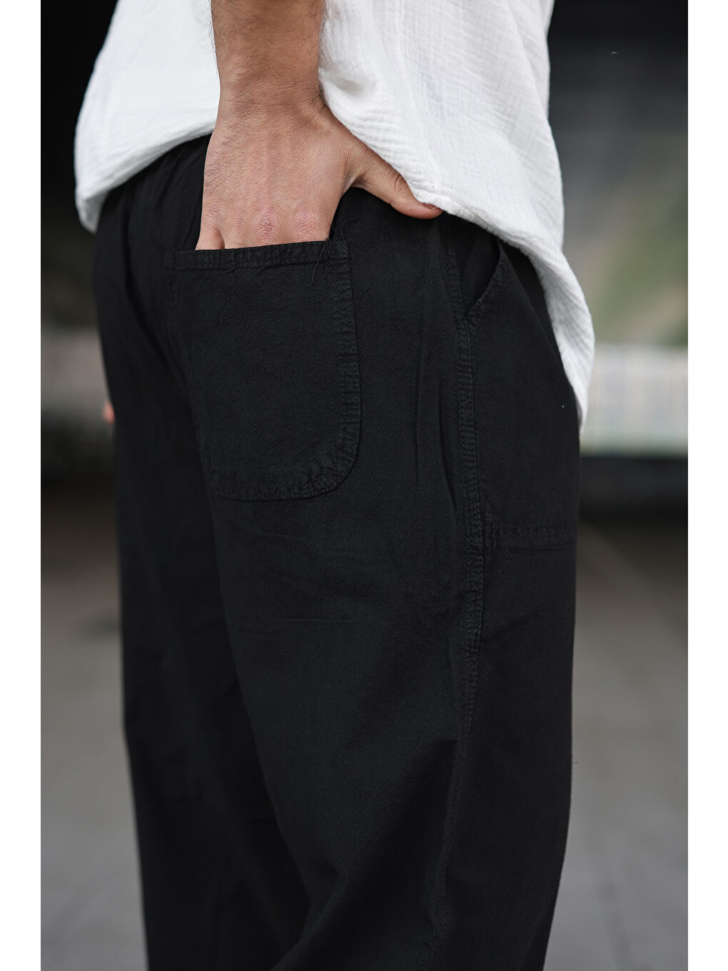 Erkek Trend Basic Bol Paça Siyah Baggy Keten Pantolon-3
