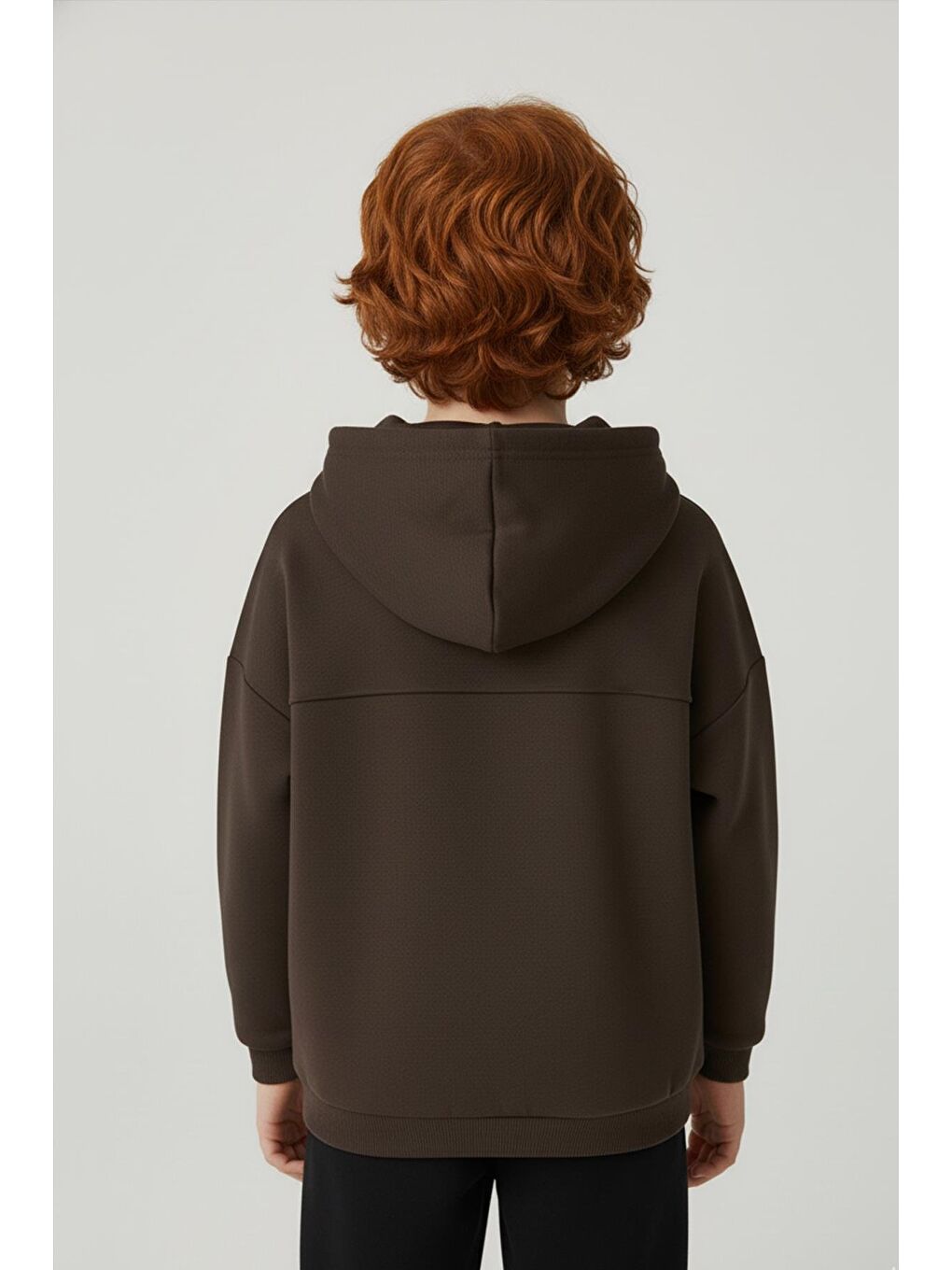 Unisex Çocuk Basic Pamuklu Kapüşonlu Sweatshirt - Kahverengi-1