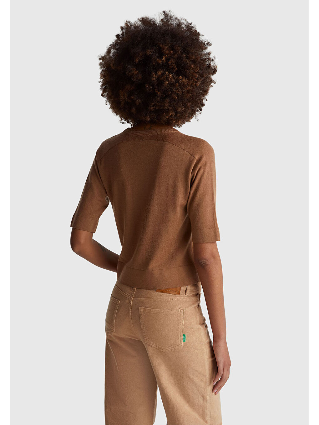 Kahverengi Kadın Taba  %100 Yün Bisiklet Yaka Kısa Kollu Kazak-2