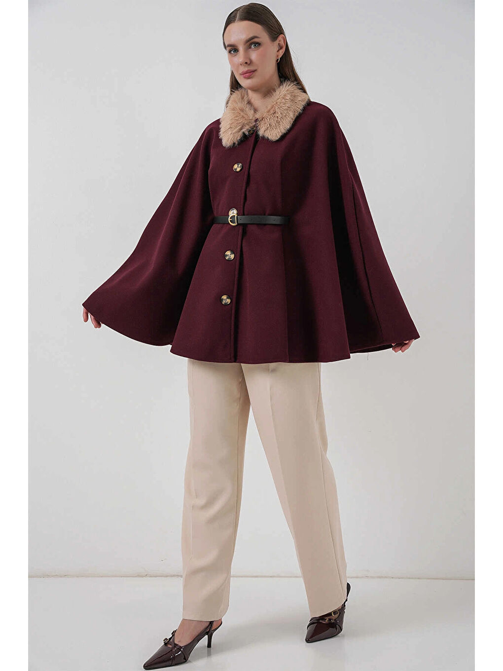 Bordo Kadın Mürdüm Yakası Kürklü Düğmeli Kemerli Kaşe Panço HZL25W-BD191651-3