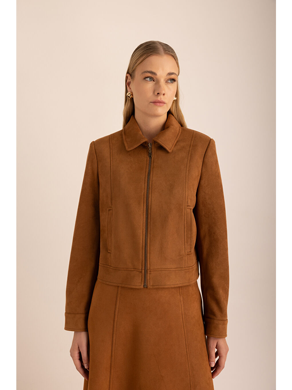 Kahverengi Fermuarlı Süet Kutu Ceket-4