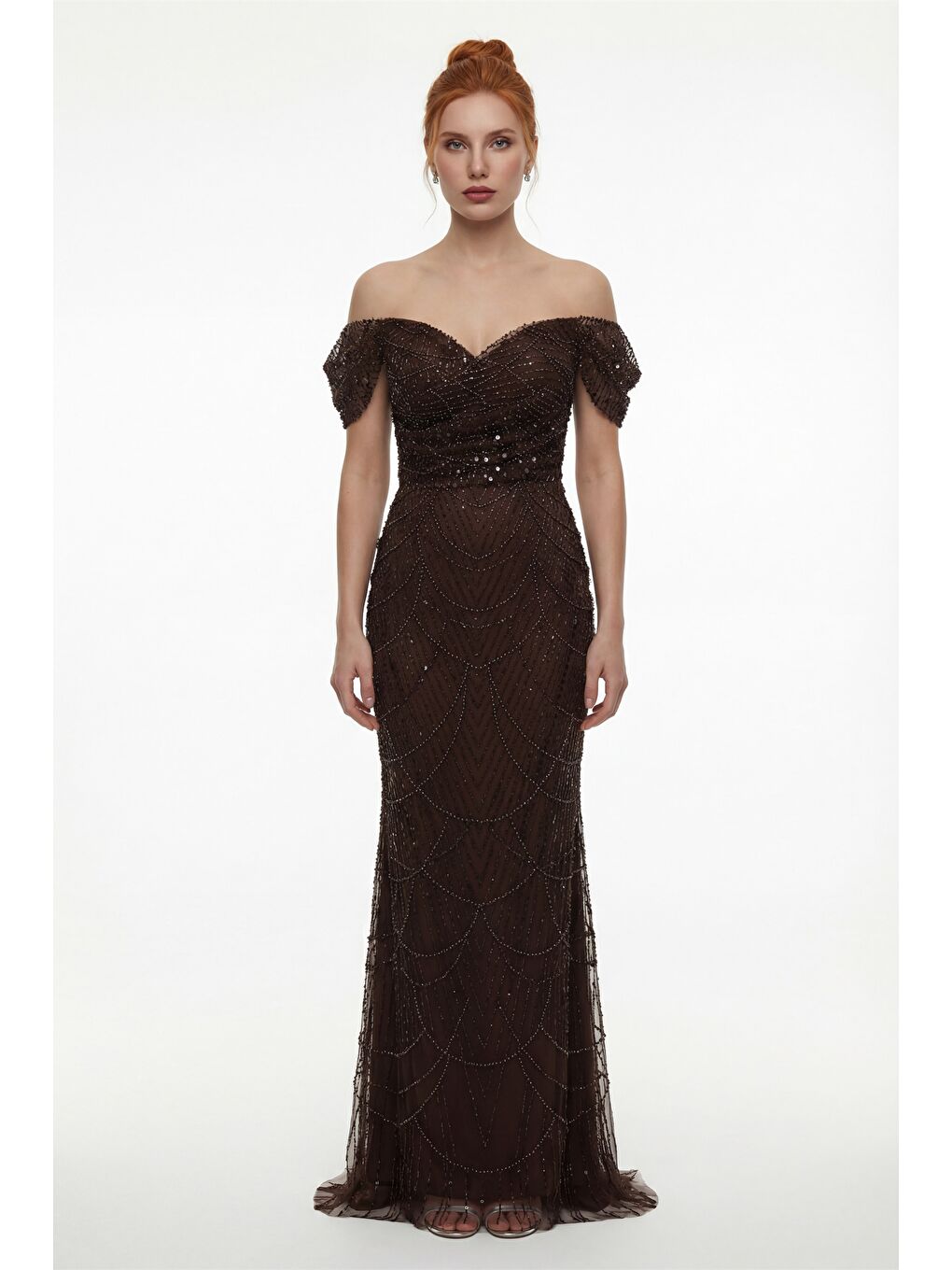 Kadın Kahverengi Dar Kalıp Madonna Yaka Uzun Balık Abiye Elbise-1