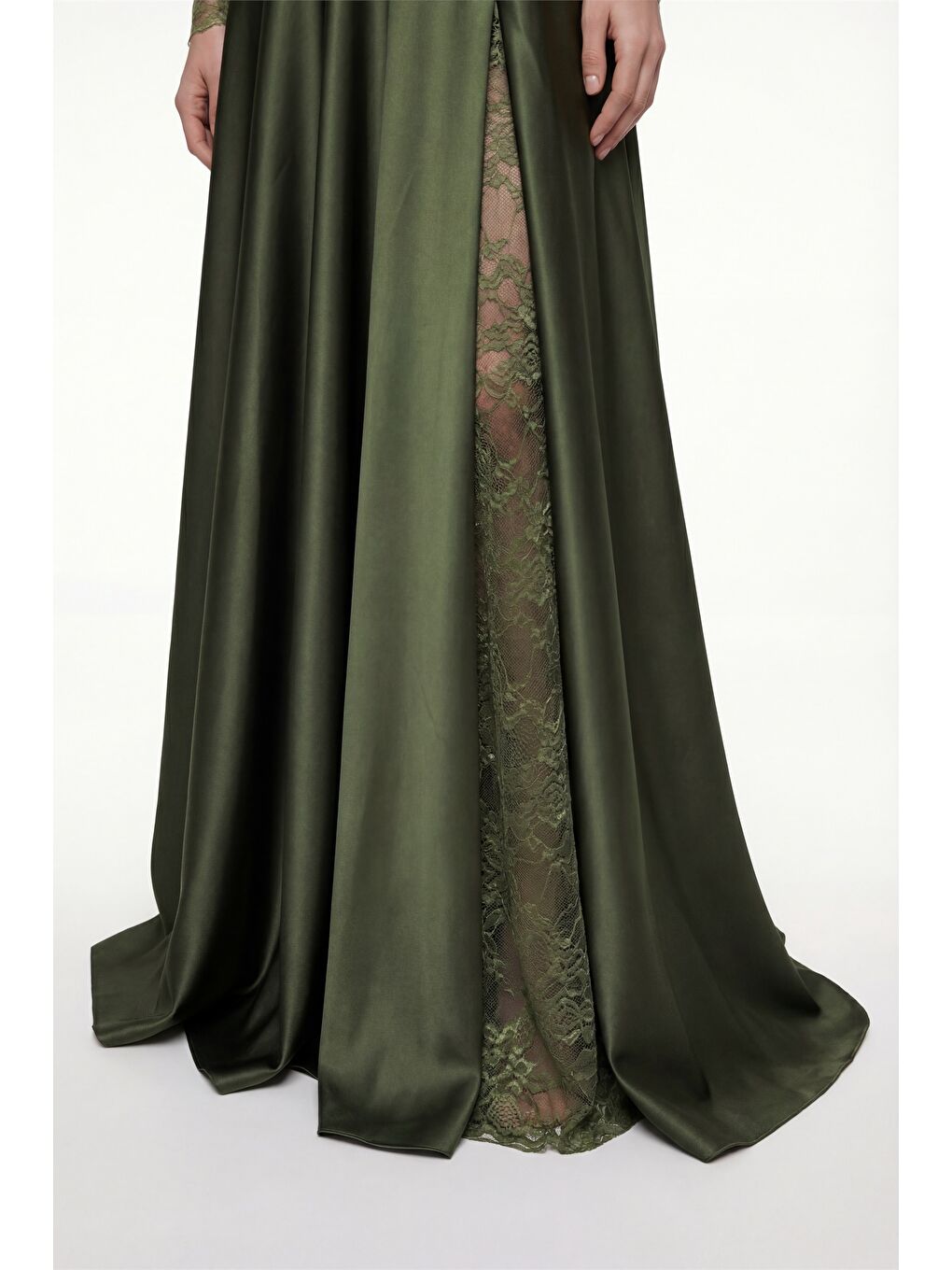 Kadın Haki Dar Kalıp Dantel Detaylı Uzun Saten Abiye Elbise-2