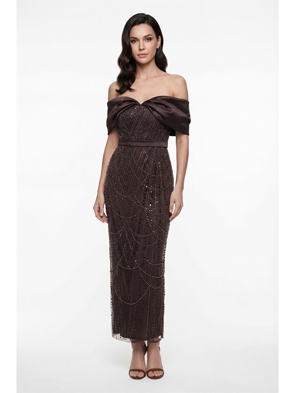 Kadın Kahverengi Dar Kalıp Kayık Yaka Midi Boncuklu Abiye Elbise