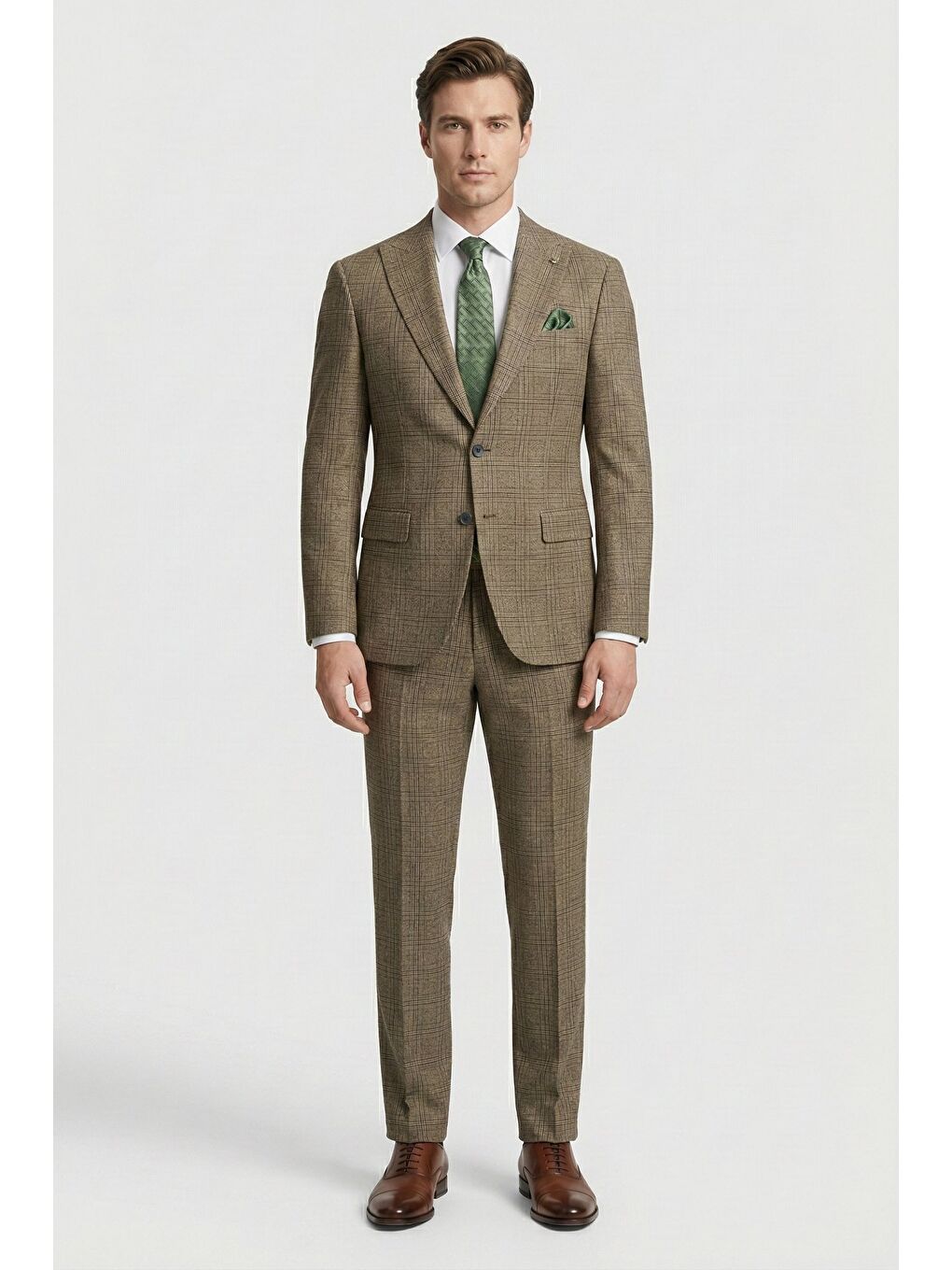 Kahverengi Giotelli Camel Comfort Fit Ekose Mono Yaka Lastikli Bel 6 Drop Duble Paça Erkek Takım Elbise-1