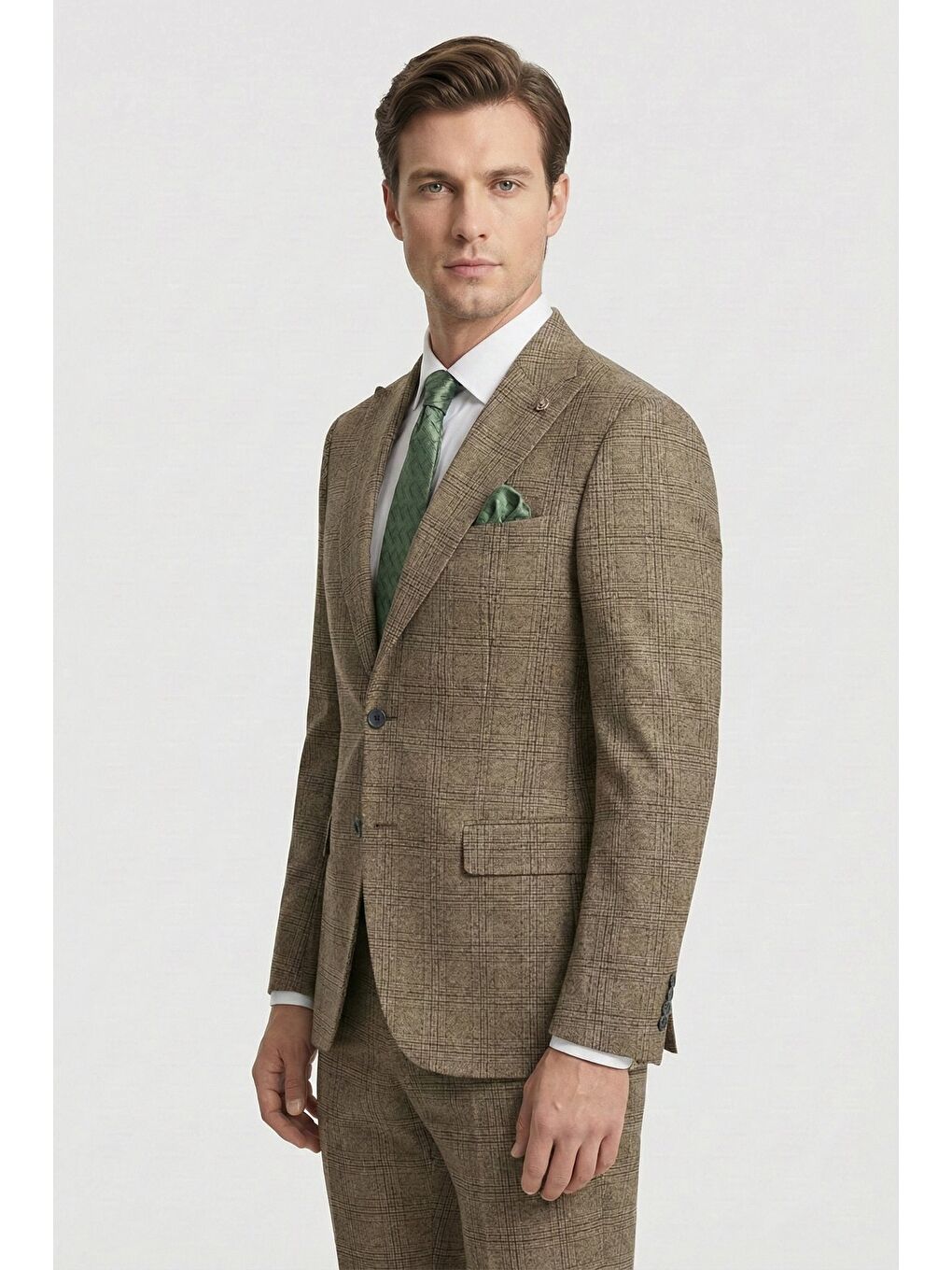 Kahverengi Giotelli Camel Comfort Fit Ekose Mono Yaka Lastikli Bel 6 Drop Duble Paça Erkek Takım Elbise-2