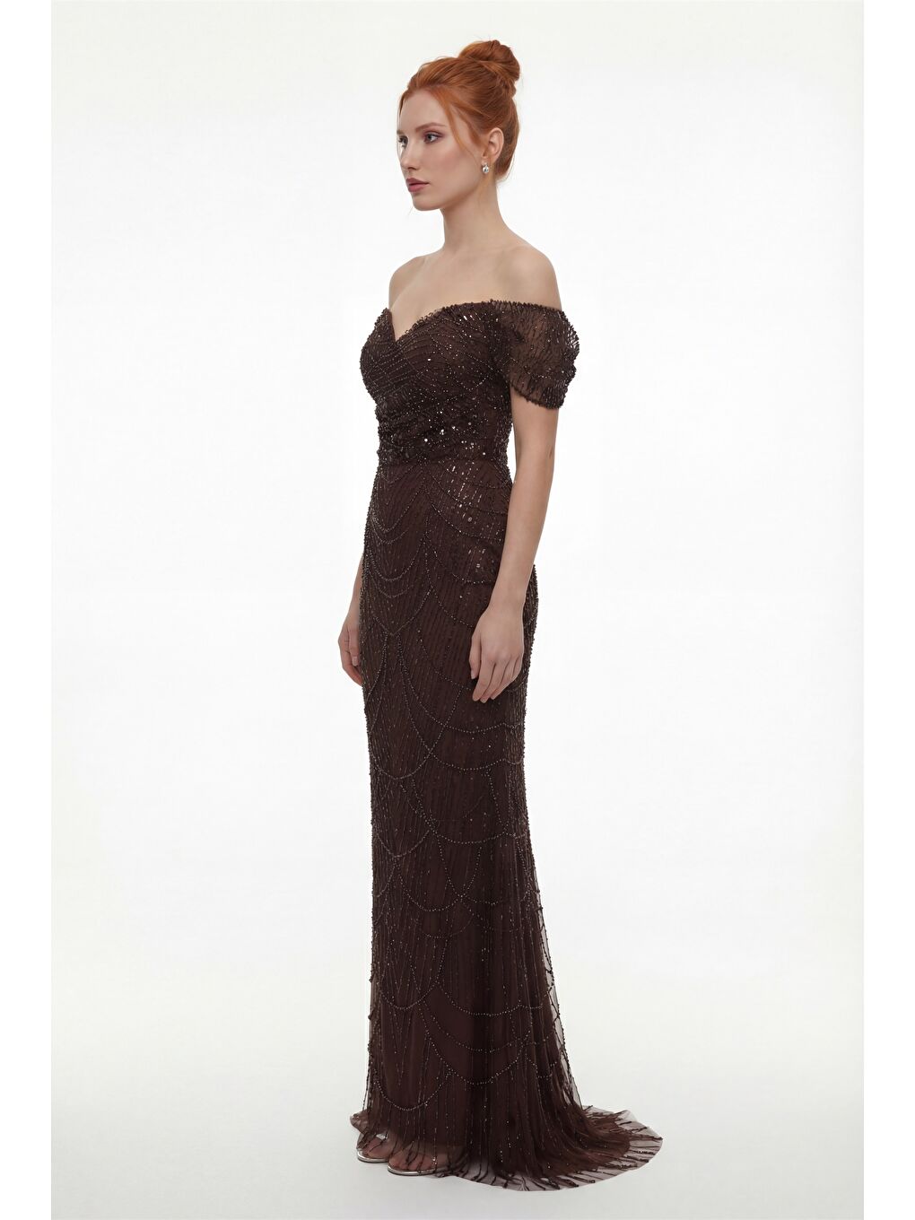 Kadın Kahverengi Dar Kalıp Madonna Yaka Uzun Balık Abiye Elbise-2