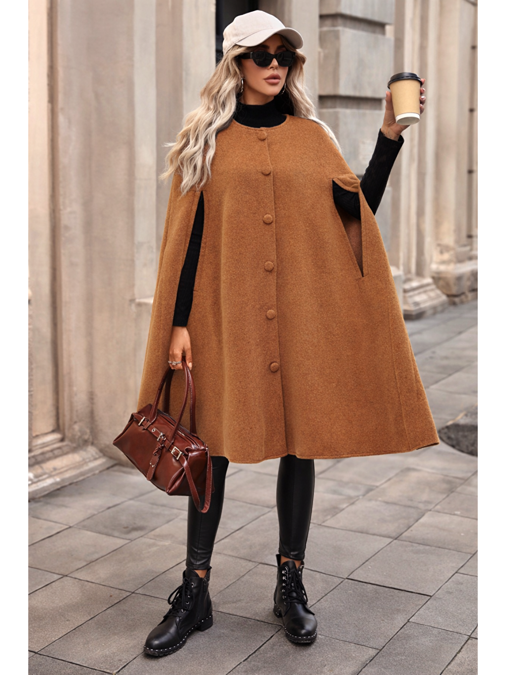 Kahverengi Kadın Düğmeli Premium Comfort Taba Kaşe Panço