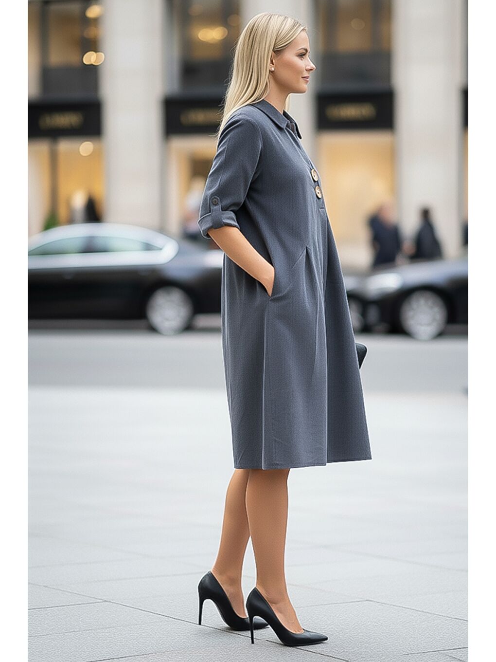 Gri Gömlek Yaka Düğmeli Uzun Kollu Cepli Casual Kadife Dokuma Elbise 105 55-1