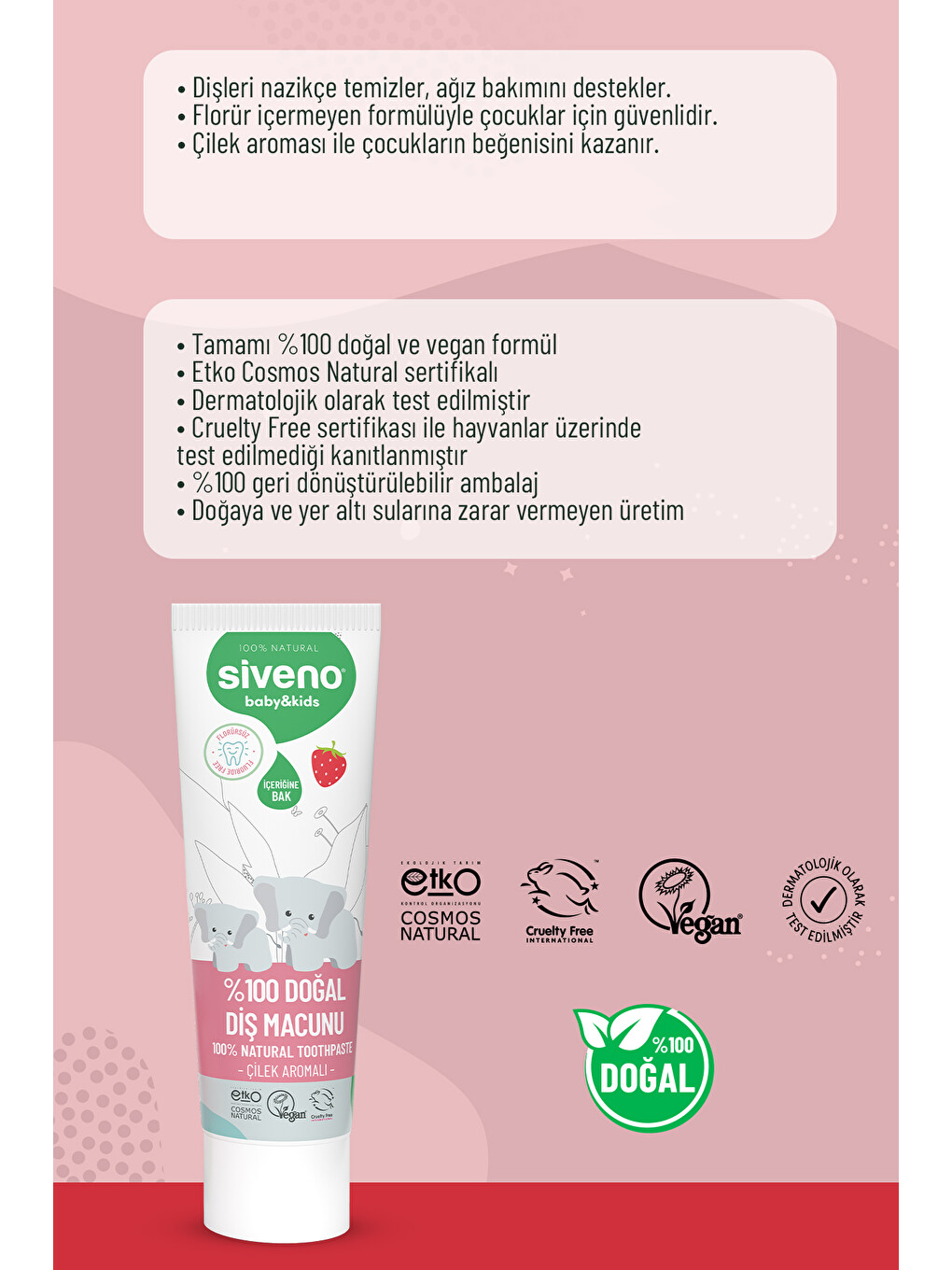 %100 Doğal Diş Macunu Bebek ve Çocuk İçin Çilekli Aromalı Florürsüz 50 ml-6