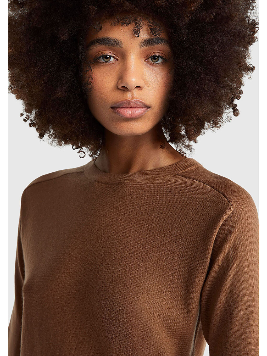 Kahverengi Kadın Taba  %100 Yün Bisiklet Yaka Kısa Kollu Kazak-5