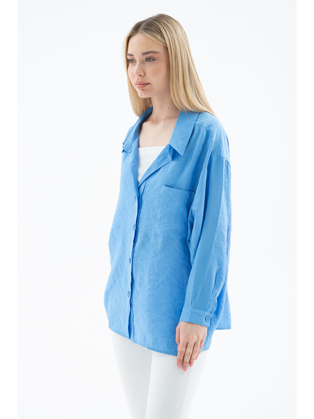 Mavi Oversize Cep Detaylı Uzun Kollu Gömlek 25Y0571K1-1
