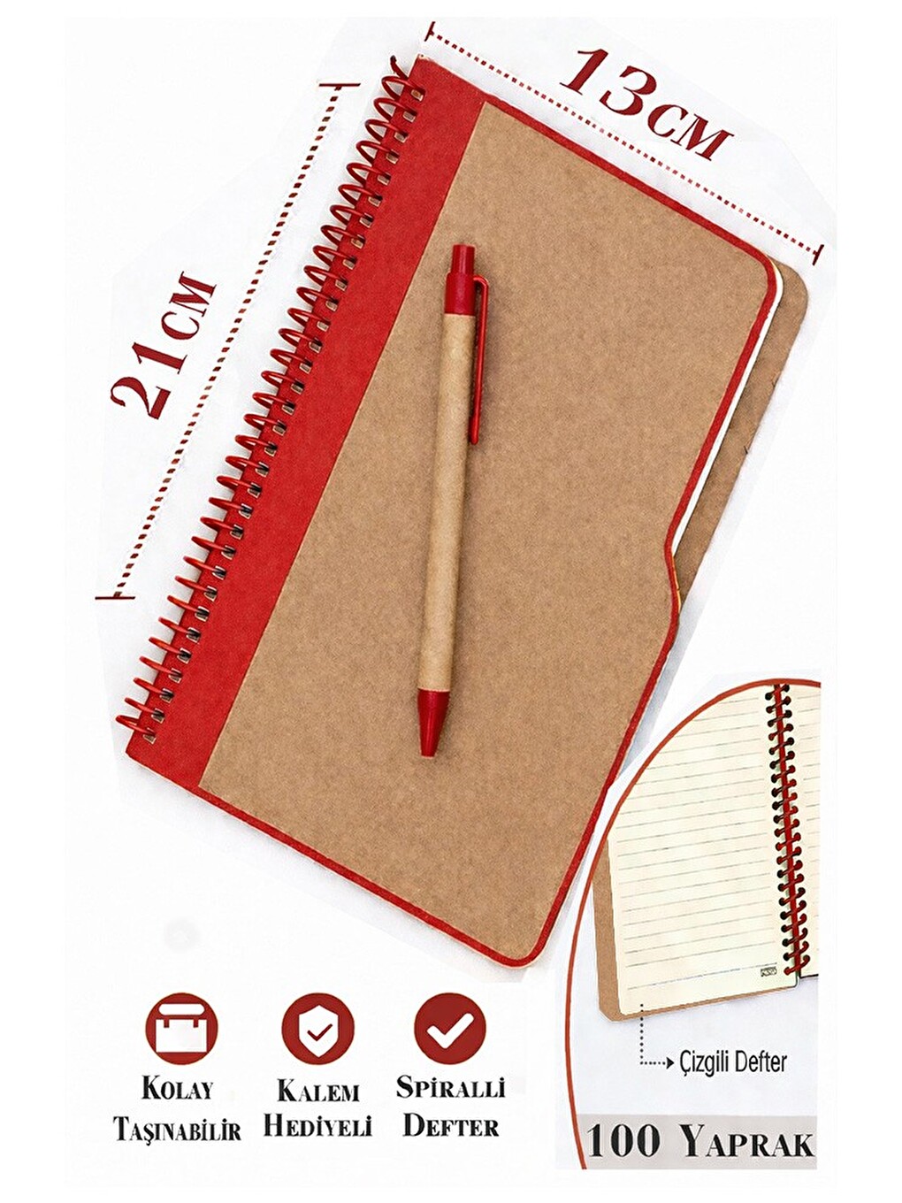 Sert Kapak Çizgili Defter 100 Yaprak 1 Adet Kalem Hediyeli Lastikli Defter Spiralli Günlük Defteri