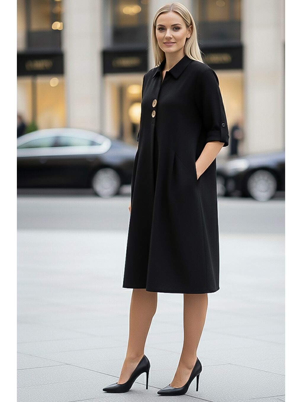 Siyah Gömlek Yaka Düğmeli Uzun Kollu Cepli Casual Kadife Dokuma Elbise 105 55-1