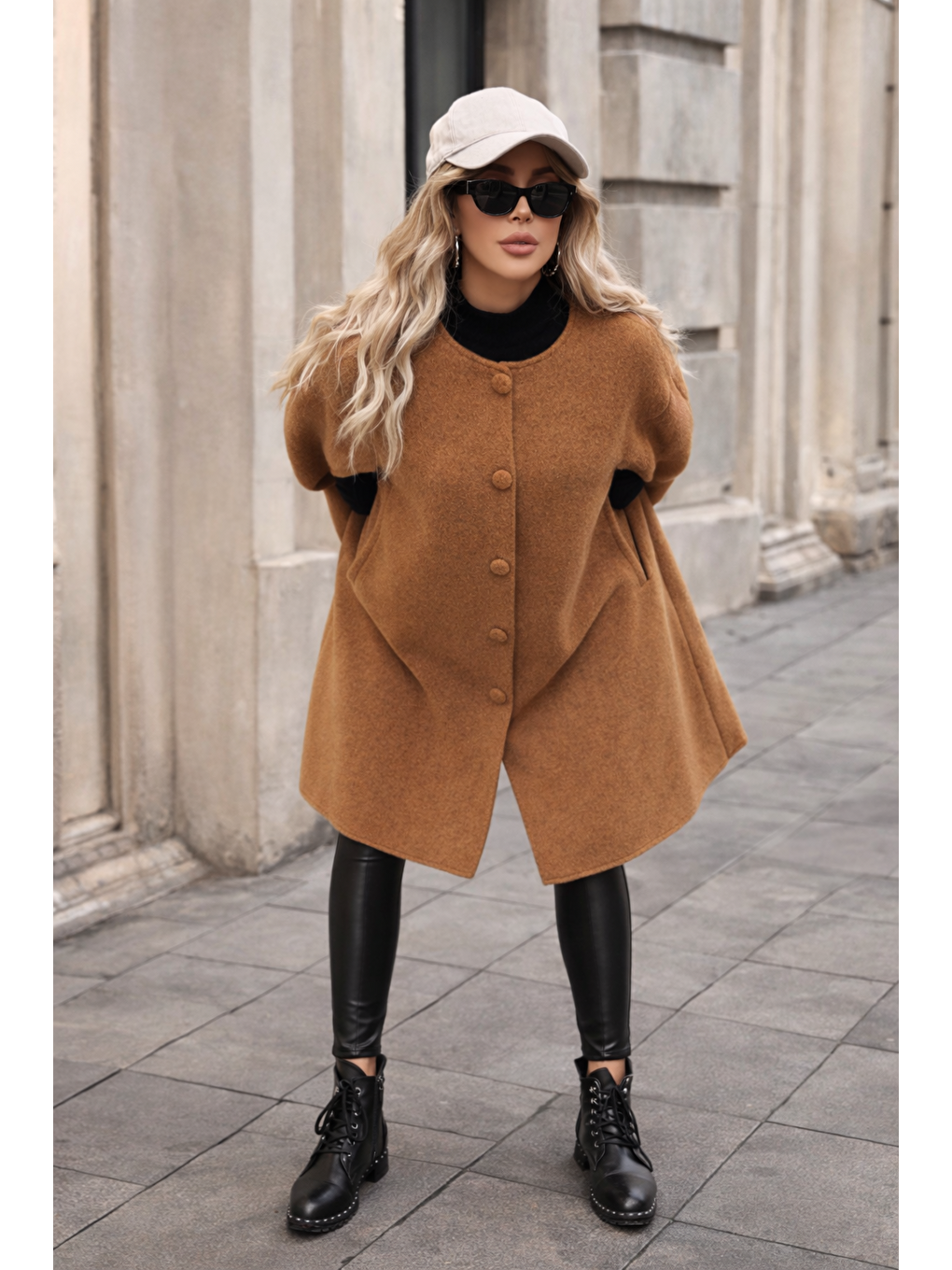 Kahverengi Kadın Düğmeli Premium Comfort Taba Kaşe Panço-1