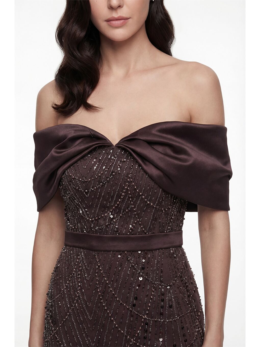 Kadın Kahverengi Dar Kalıp Kayık Yaka Midi Boncuklu Abiye Elbise-2