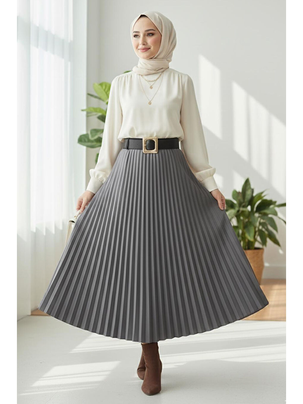 Gri Piliseli Kemerli Süet Etek Füme - 28092-FUME