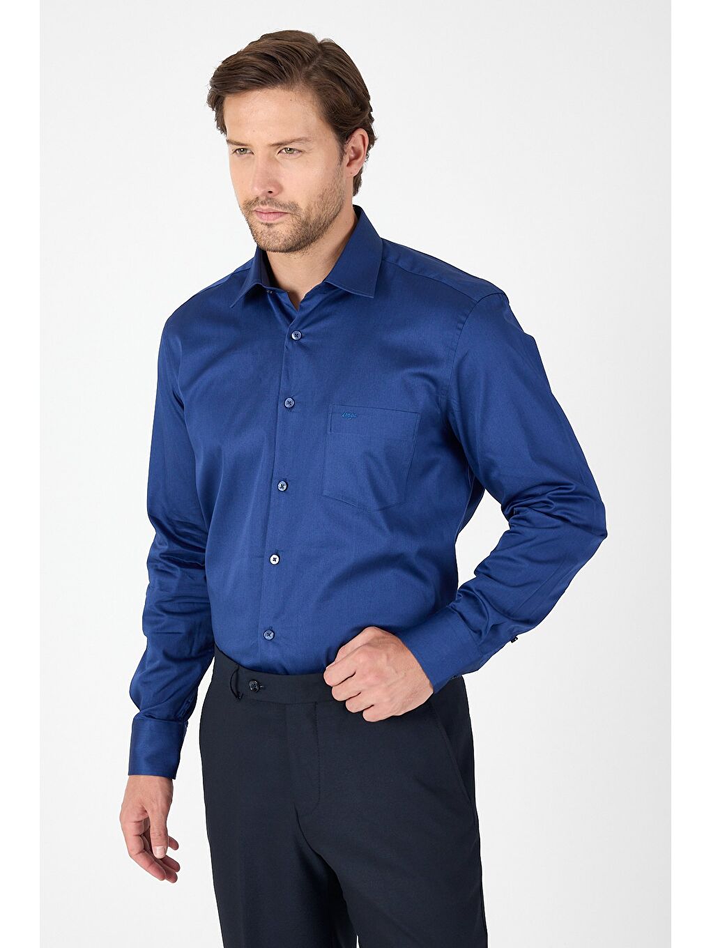 Lacivert Sert Yaka Düz Classic %100 Pamuk Comfort Fit Büyük Beden Gömlek 1004250323-3