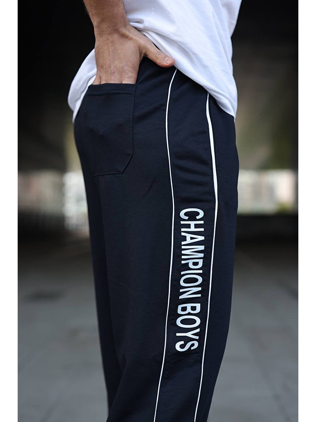 Erkek Günlük Baskılı Şeritli Beli Lastikli Lacivert Eşofman Altı-5