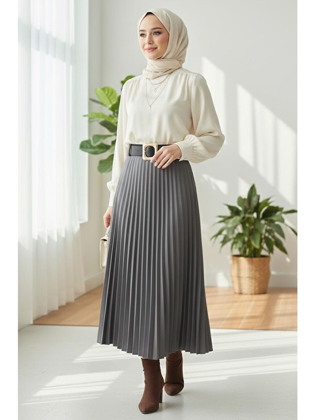 Gri Piliseli Kemerli Süet Etek Füme - 28092-FUME-1