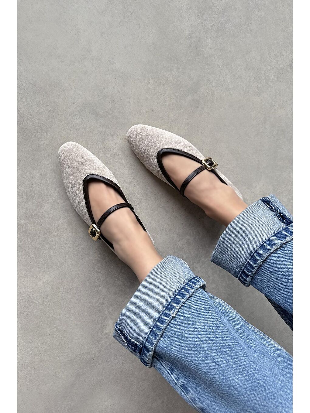 Stony Kadın Toka Detay Süet Babet Bej-2