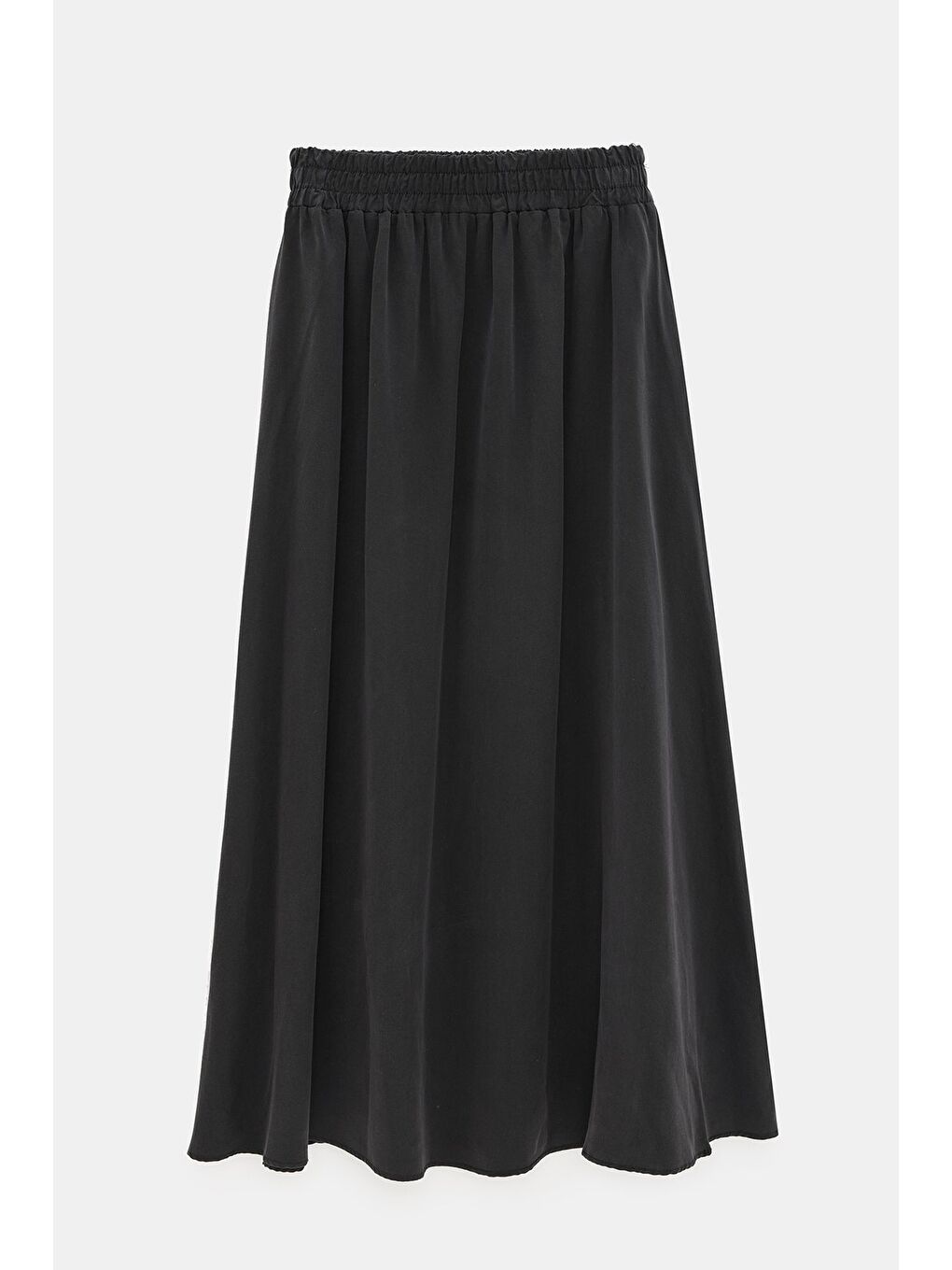 Siyah Kadın Beli Lastikli Midi Boy A Kesim Dökümlü Etek - Yüksek Bel