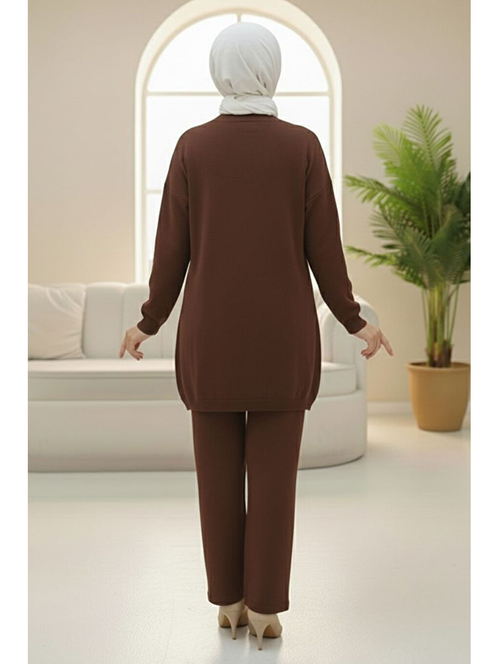 Kahverengi Kalp Taş Detaylı Triko İkili Takım Kahve - 28123-KAHVE-2