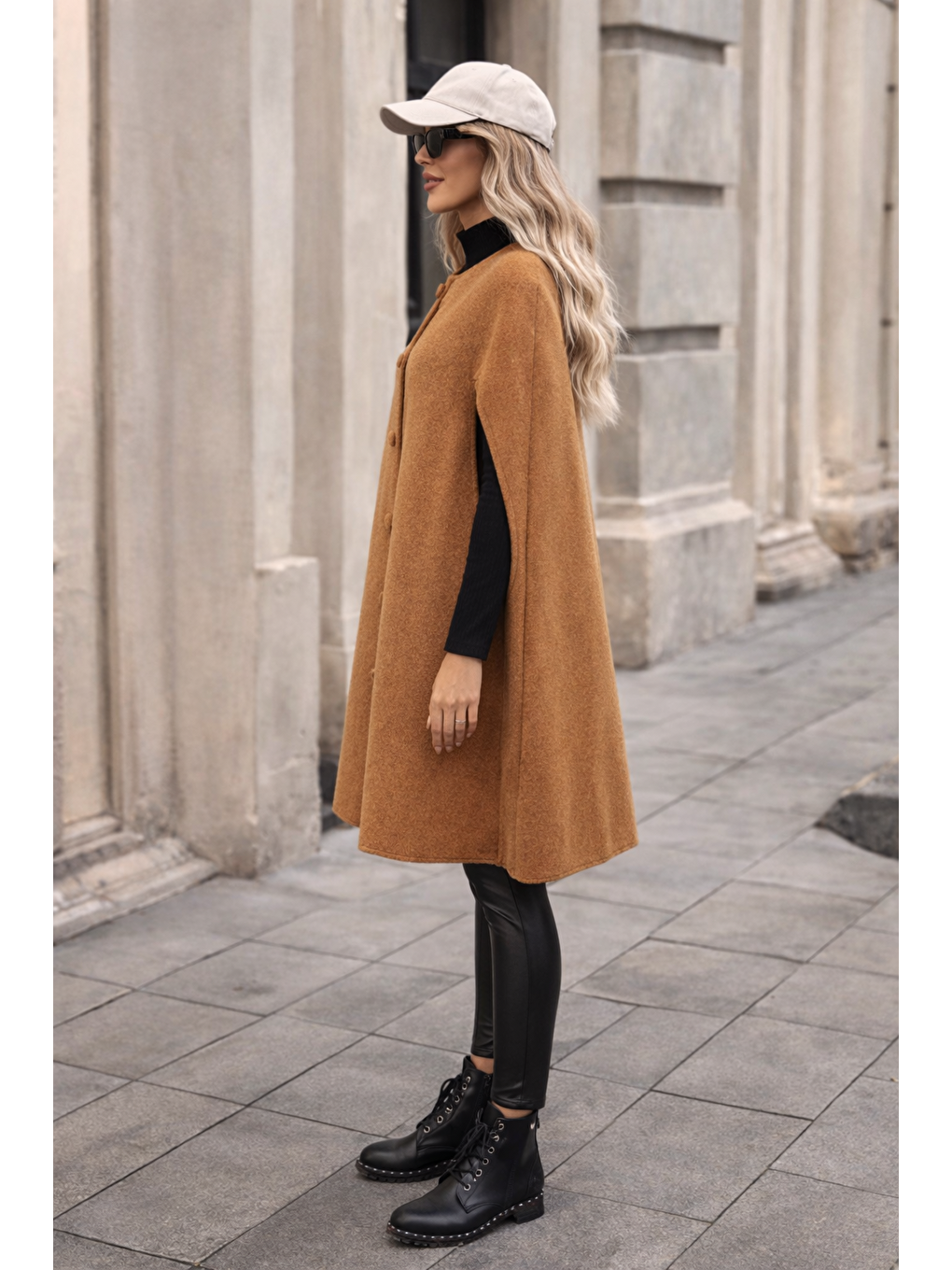 Kahverengi Kadın Düğmeli Premium Comfort Taba Kaşe Panço-2