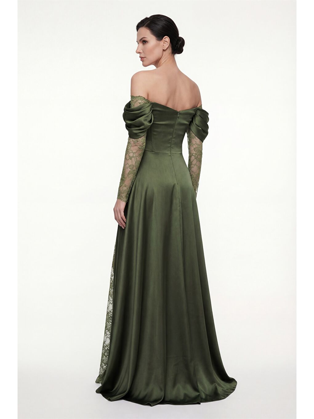 Kadın Haki Dar Kalıp Dantel Detaylı Uzun Saten Abiye Elbise-5