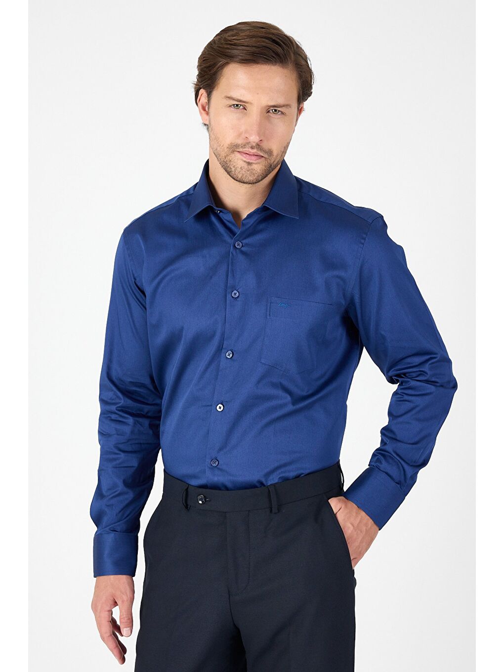 Lacivert Sert Yaka Düz Classic %100 Pamuk Comfort Fit Büyük Beden Gömlek 1004250323-4