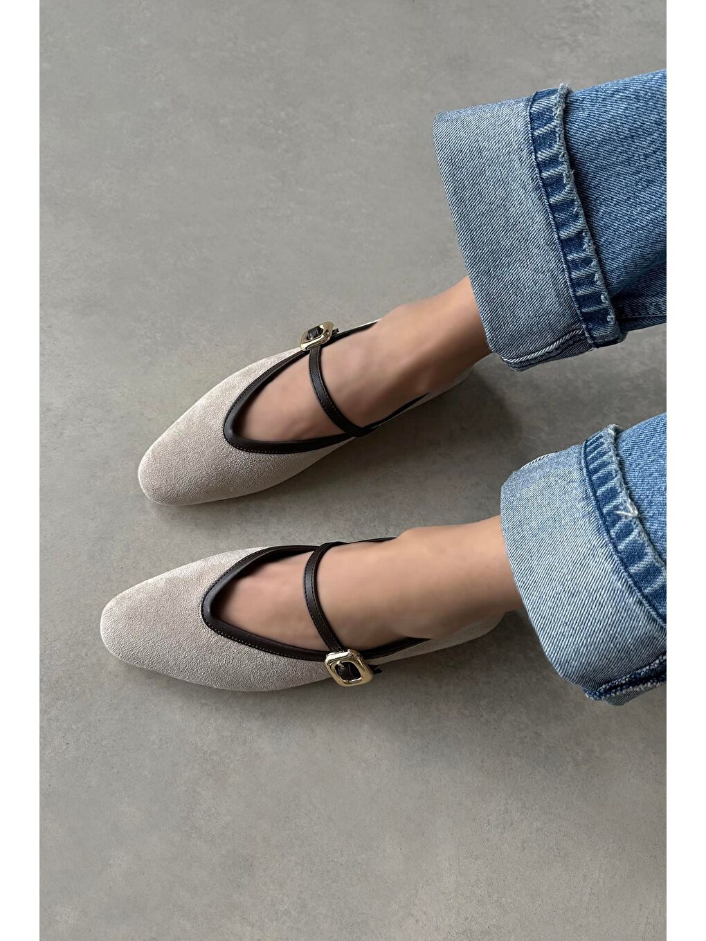 Stony Kadın Toka Detay Süet Babet Bej-3