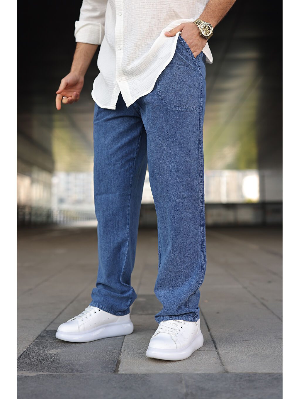 Erkek Trend Basic Bol Paça Mavi Baggy Keten Pantolon-2