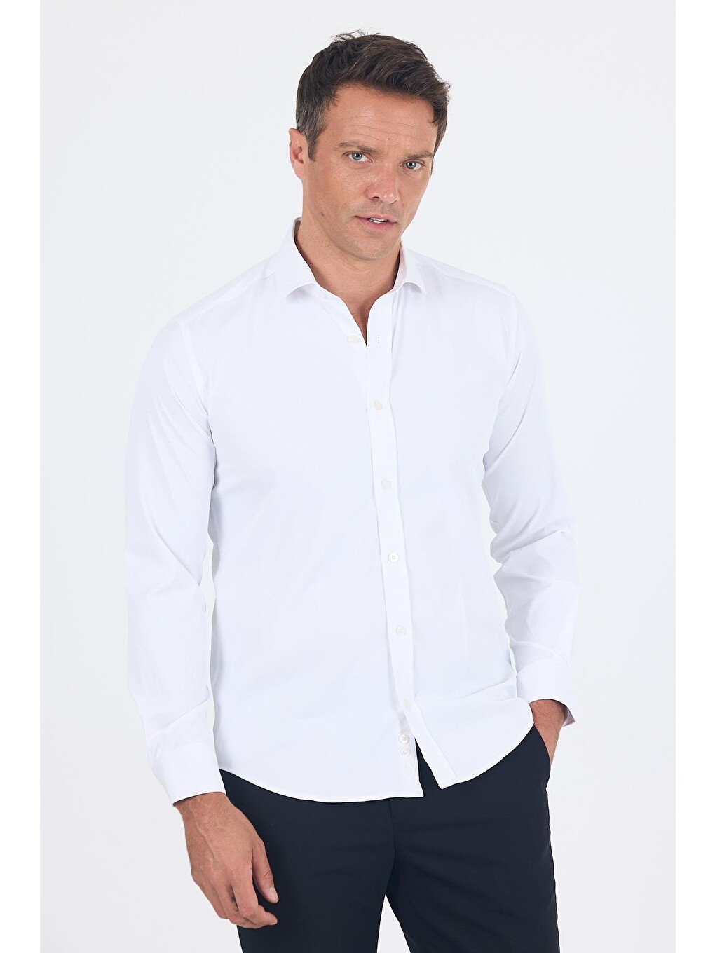 Beyaz Yarım İtalyan Yaka Cepsiz Gabardin Uzun Kol Slim Fit Esnek Gömlek 1004250235