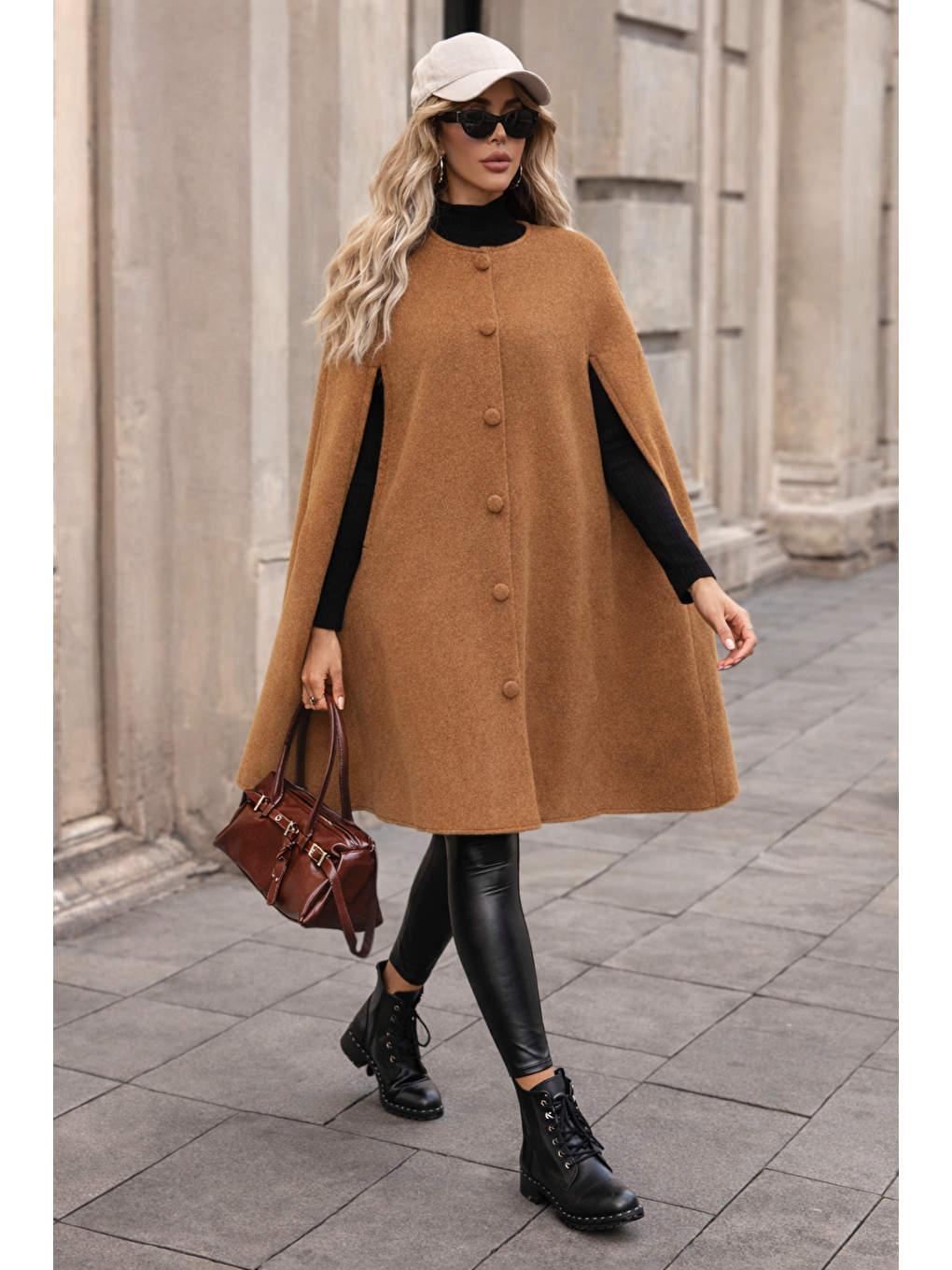 Kahverengi Kadın Düğmeli Premium Comfort Taba Kaşe Panço-3