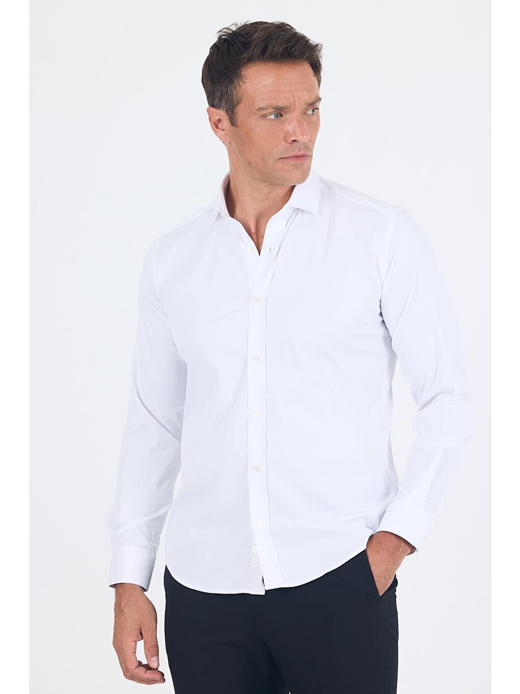 Beyaz Yarım İtalyan Yaka Cepsiz Gabardin Uzun Kol Slim Fit Esnek Gömlek 1004250235-1