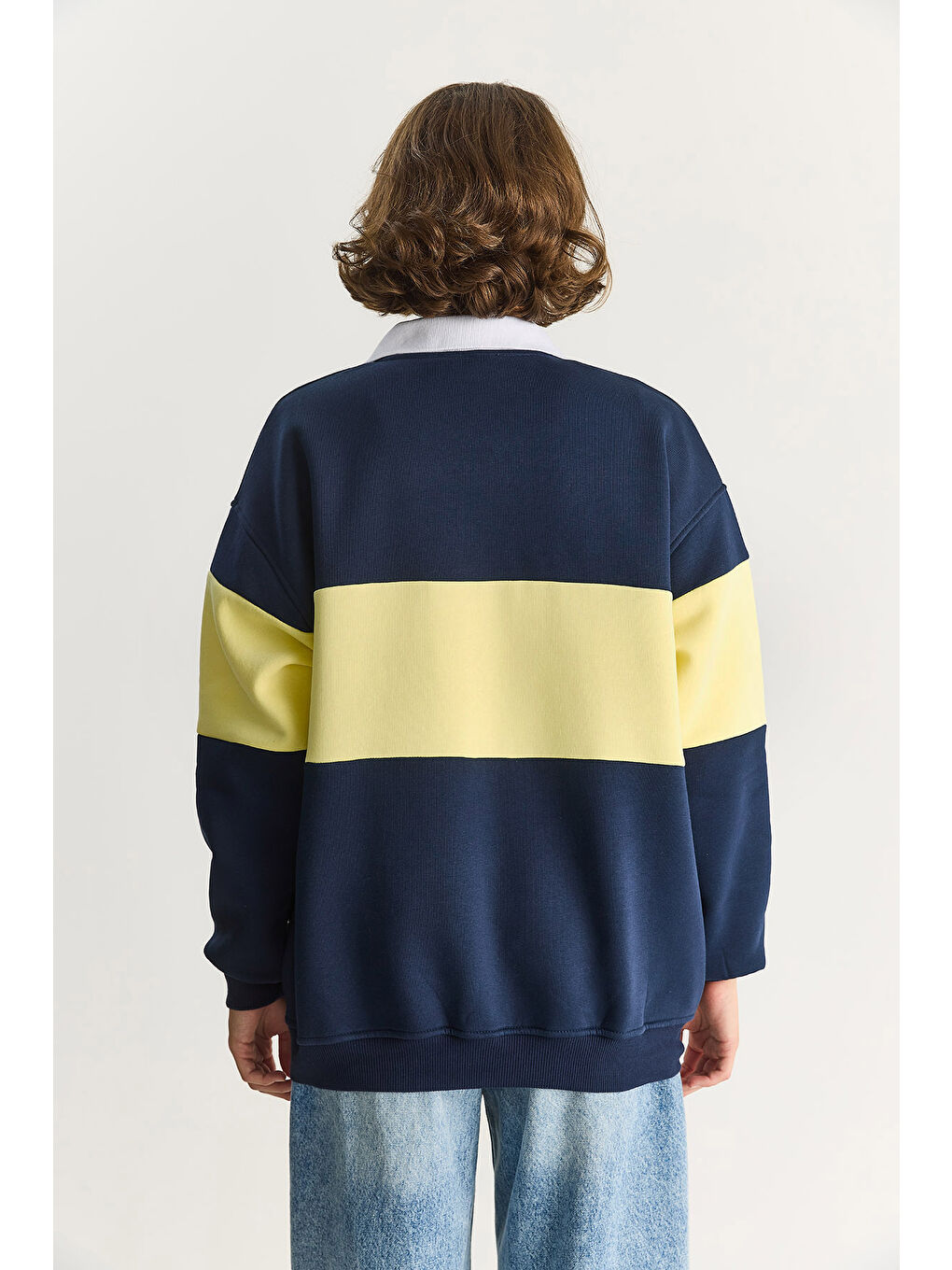 Lacivert Kadın Polo Yaka Düğmeli California Yazılı Nakış Detaylı Oversize Kadın Sweatshirt-6