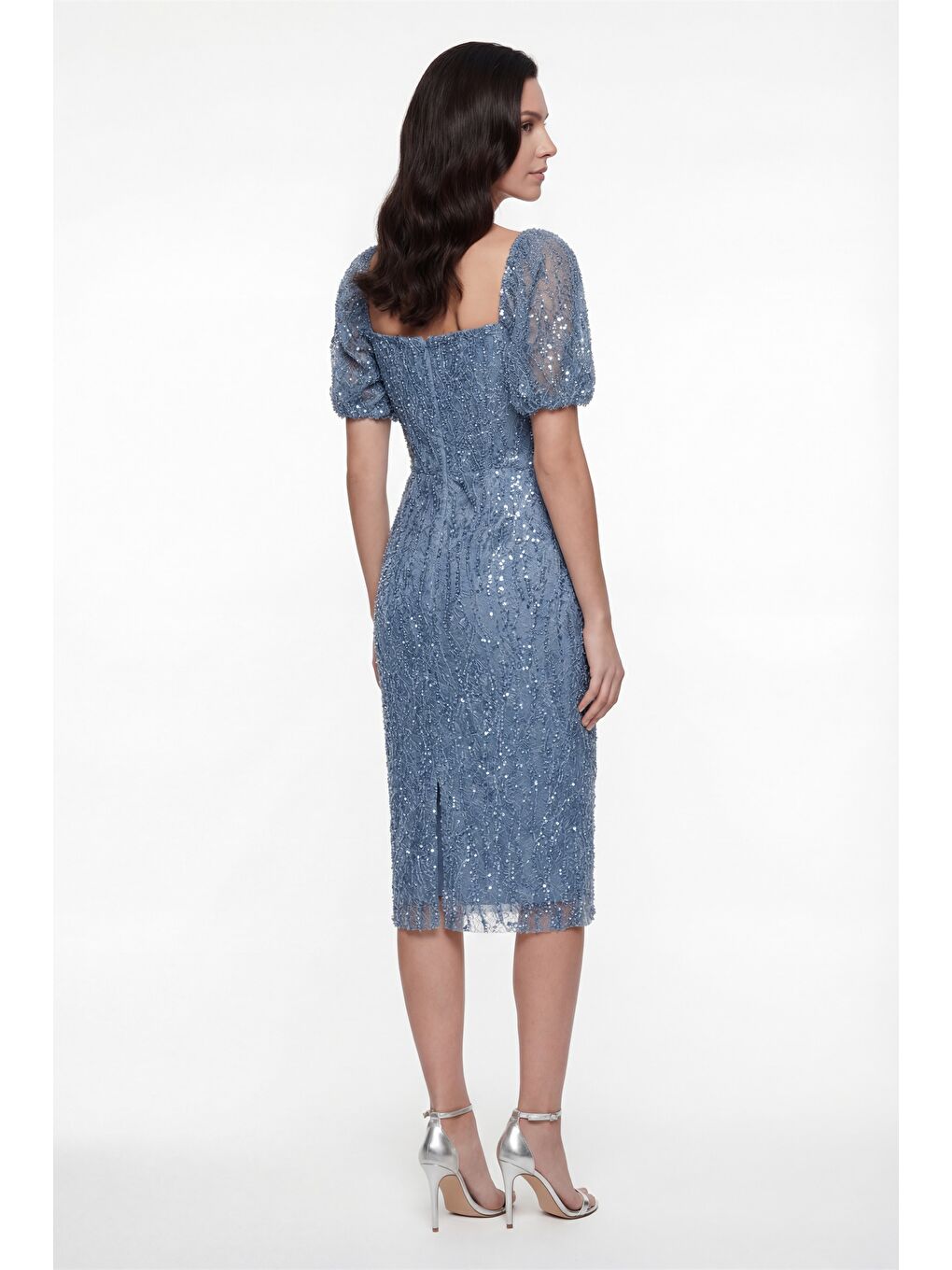 Kadın İndigo Kare Yaka Balon Kol Midi Söz Nişan Nikah Abiye Elbise-4