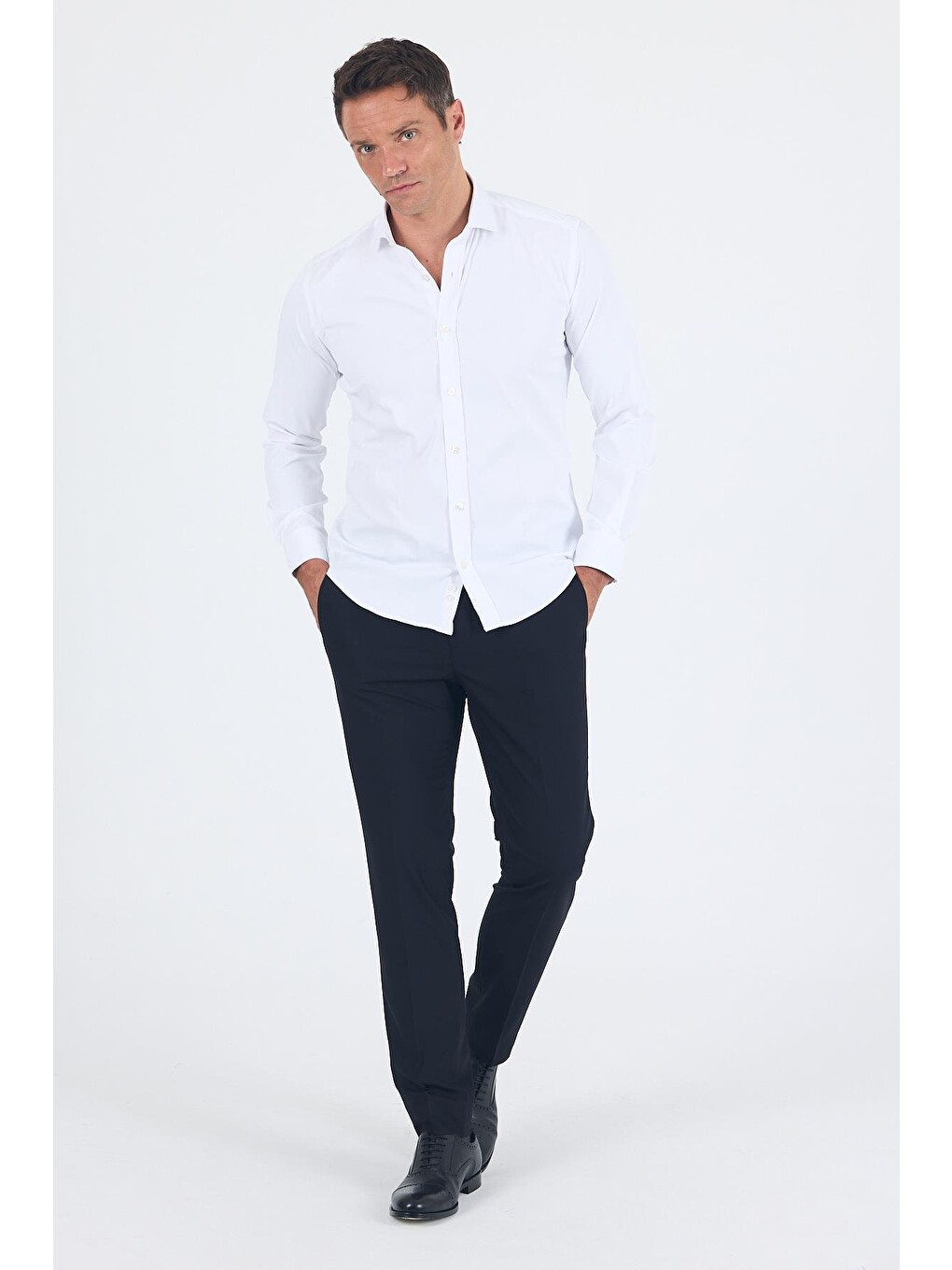 Beyaz Yarım İtalyan Yaka Cepsiz Gabardin Uzun Kol Slim Fit Esnek Gömlek 1004250235-2