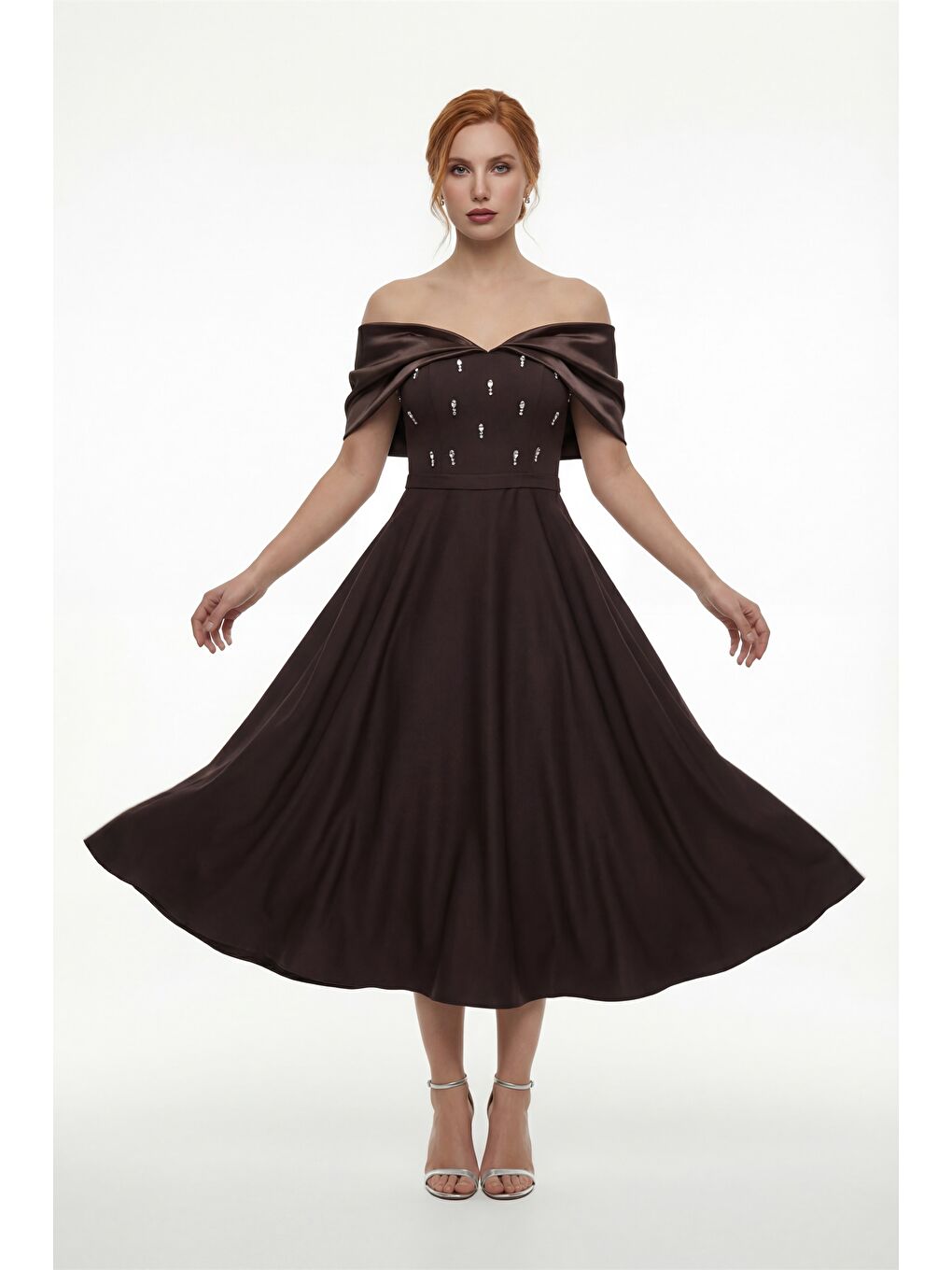 Kadın Kahverengi Kayık Yaka Taş Detay Kloş Söz Nişan Nikah Abiye Elbise