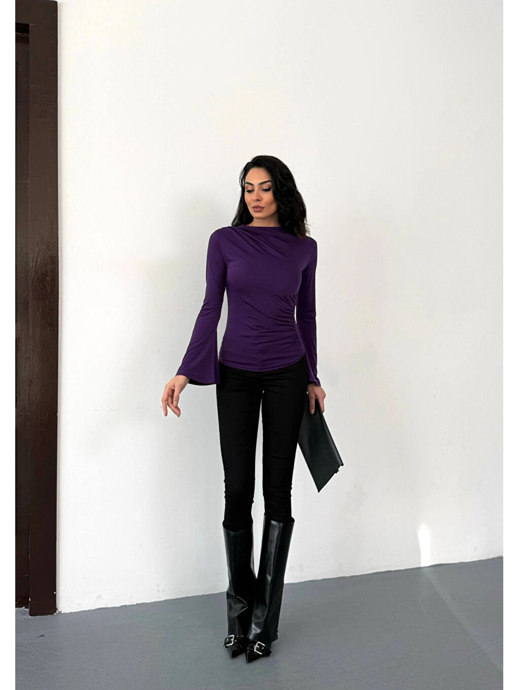 Kadın Mor Drape Detaylı İspanyol Kol Sany Bluz HZL25W-FRY123431-1