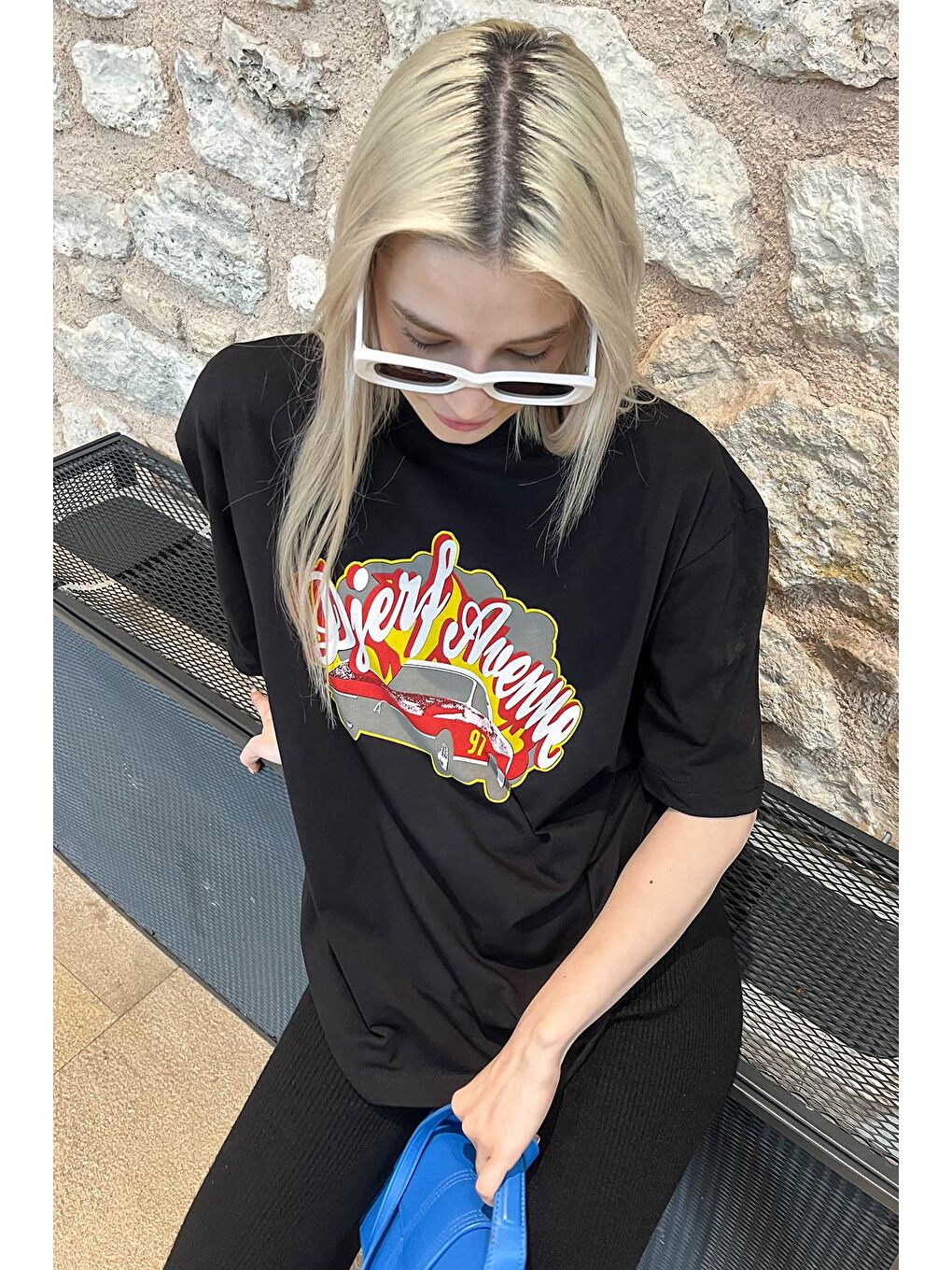 Siyah Baskılı Oversize Kadın Tişört Mg1836-6