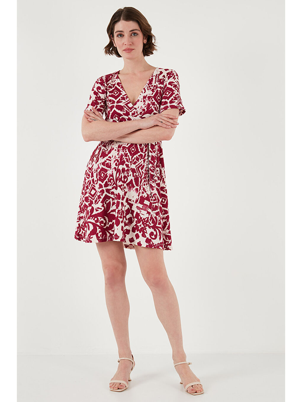 Mürdüm Desenli Kruvaze Yaka Regular Fit Kadın Elbise 5865723-2